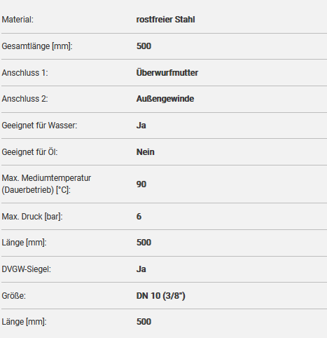 Panzerschläuche KTW-A mit Edelstahlumflechtung L=500mm 3/8" IGÜxAG – Bild 2